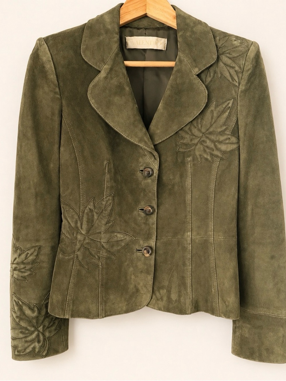 Valentino Olive Lambskin Suede Floral Blazer
